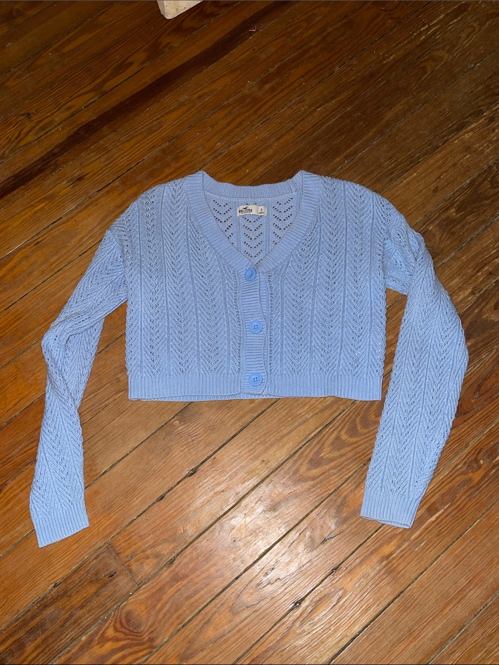 Hollister Pale Blue Cropped Open-Knit V-Neck Cardigan - Picture 3 of 3